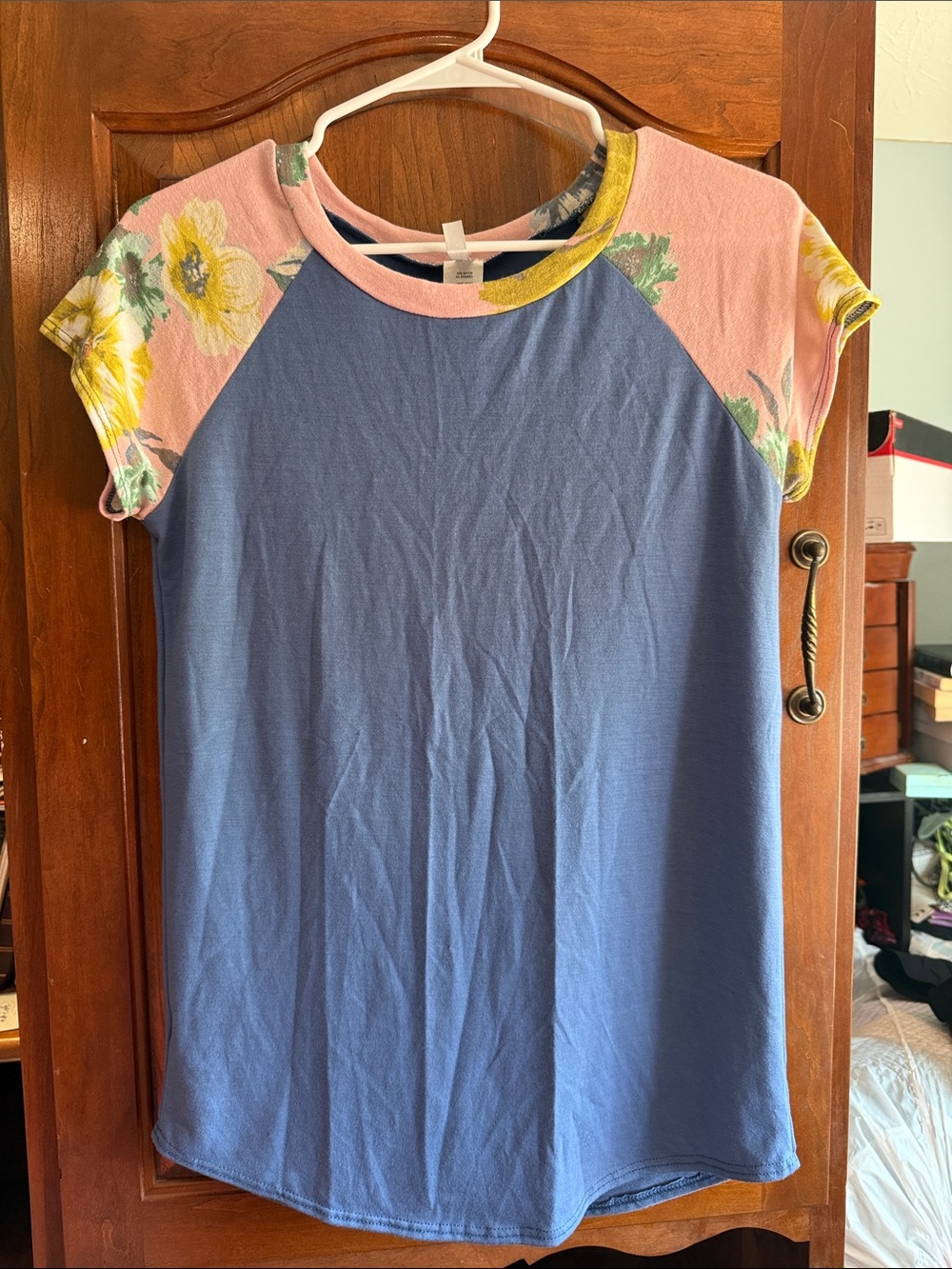 Casual Blue Raglan Floral Sleeve Women's Top